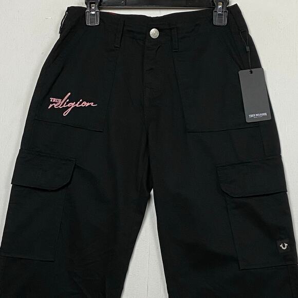 True Religion Women's Jet Black Embroidered Logo Cargo Pants Size 27 MSRP $139 - Picture 6 of 16